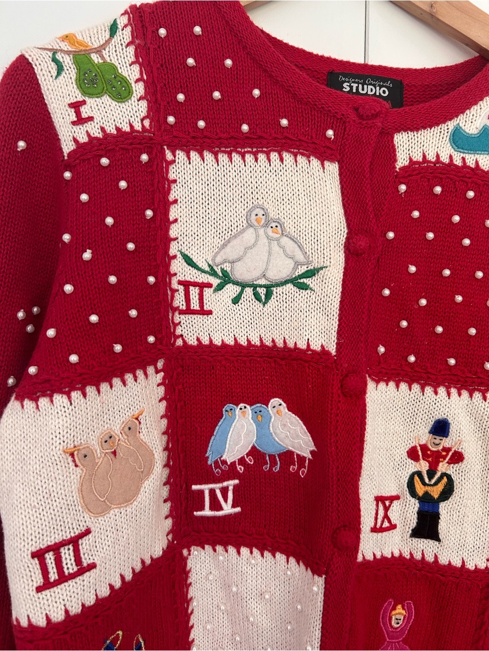 Vintage Christmas sweater 12 days of Christmas small embroidery beading classic - Picture 2 of 10